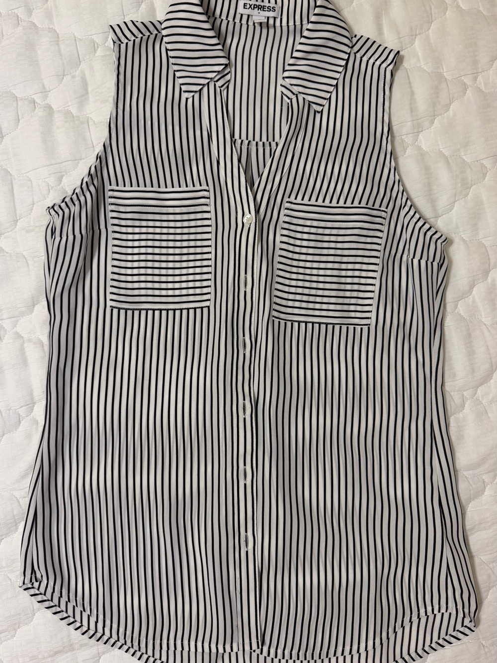 Express Black and White Vertical Stripe Sleeveless Button-Down Top